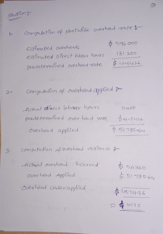 solution & overhead rate & 1. computation of plantwide Estimated overheads Estimated Direct labous hours predetermined overhe