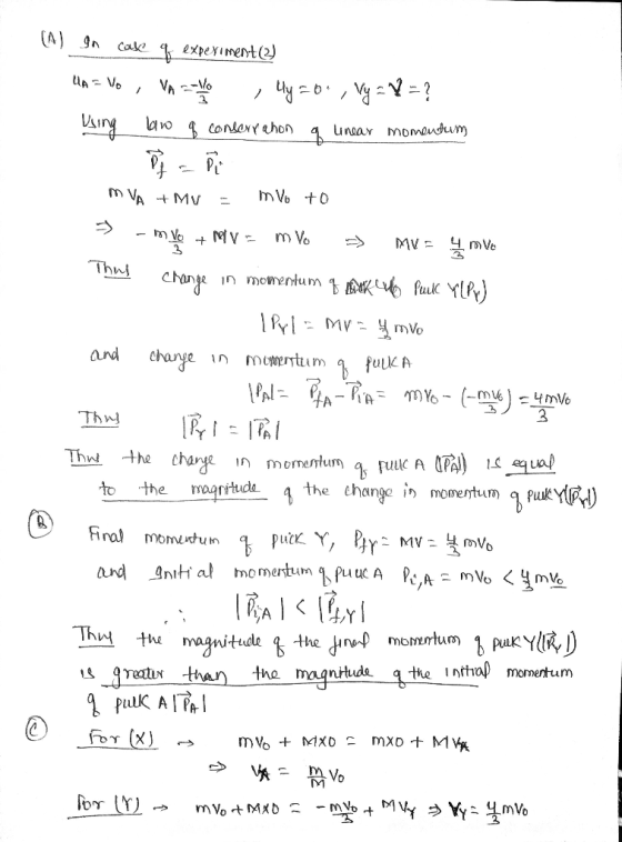 (1) In case q experiment UA = No , VA =-110 ly = 0, vy==? Using Ivo 4 conferrehon qui near momentum MVA + MV = m Vo to 3 - m