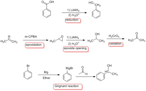 O OH HO CH2 1) LiAlH4 2) H3o reduction он O 1) LiAIH4 H2CrO4 m-CPBA H CH2 H3C H3C CH3 H3C/ CH3 2) H3o* epoxide opening oxidat