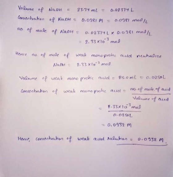 Volame of NaoH 23.74 ml o.02374 L 1 Conuenbahon of NaoH o.098 M 0.0981 mooL no op mole of NaoH o.02374L X 0.091 moD mol 2. 33