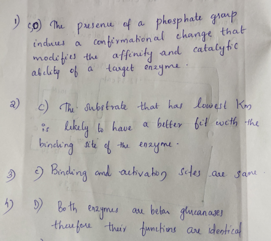 1 o) The presence of a phosphate group induces a confirmational change that modifies the affinity and catalytic ability of a