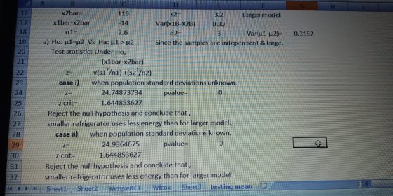B 16 17 18 0.3152 19 20 21 22 23 24 25 26 x2bar- 119 s2= 3.2 Larger model x1bar-x2bar -14 Var(x1B-X2B) 0.32 01= 2.6 02= 3 Var