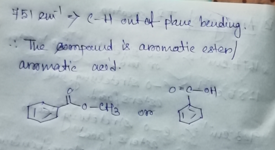 out of plane bending. 751 eur ex e-H The pompound is aromatie ester) aromatic acid. sho-0=COH obsen o-CH3 on
