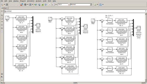 File Edit View Display Diagram Simulation Analysis Code Tools Help iii 10.0 Normal untitled untitled D Kp = 10. Ki = 1 Kd = 0