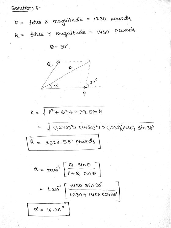 solution - 1230 pounds P= force x magnitude force y magnitude 1450 pounds 30° Q R 300 P R = Jp2+Q2+2 PQ Sino (1230)2+(14503 +