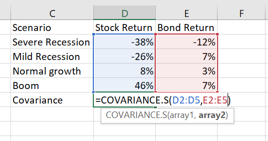 C Е Stock Return Bond Return Scenario -38% Severe Recession -12% -26% 7% Mild Recession Normal growth 8% 3% 46% 7% Вoom -COVA