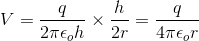 V = \frac{q}{2\pi \epsilon _{o}h} \times \frac{h}{2r} = \frac{q}{4\pi \epsilon _{o}r}