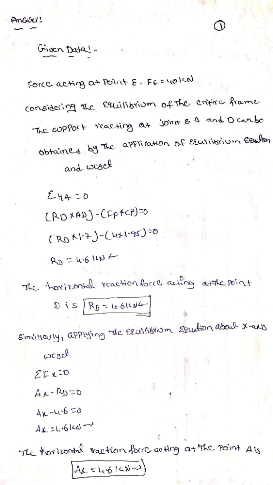 Giucn Data Forcc acng a+ Point E. Fe N consider Eluilibriom oThe enfir ame -TAe sopPor veactirg it A and D can be btain ed by