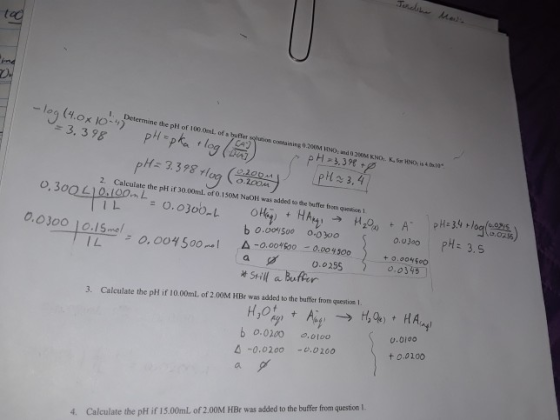 leg(4.ox Io-) 1. . Determine the pH of 100.0mL, of a buffer costaining 0.200M HNO: and 0 200M KNO.. K, for HNOr is 4010 3, 39