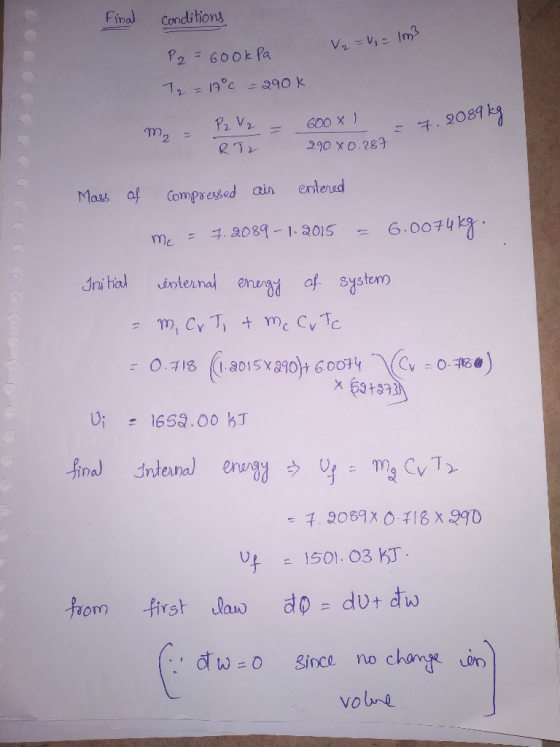 Final conditions V₂ =Vi= ims P2 = 600kPa T2 = 17° c = 290k m = P2 V₂ = RT 2 600x 1 29080.287 2 = 7.2089 kg Mass of compresse