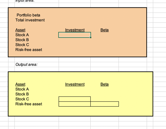 Portfolio beta Total investment Investment Beta Asset Stock A Stock B Stock C Risk-free asset Output area: Investment Beta As