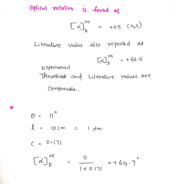optical rotation is 4 found as : +65 CH,6) 25 Literature value also reported as Els = +66.5 = +66.5 Experimental Theoriticent