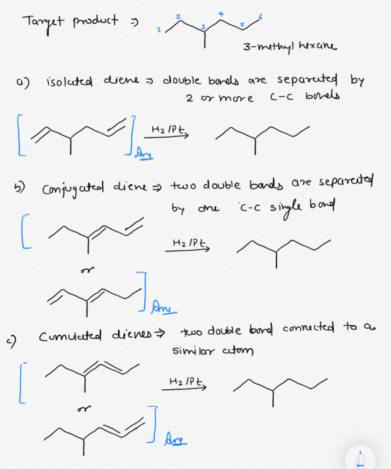 Target product y a 3-methyl hexcine - a isolated diene a double bonds are separated by 2 or more c-c borels H2IPE In H2/Pt, w
