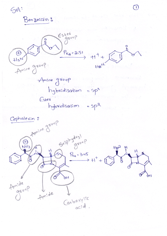 Sol Benzocain: Ested group Pko =2.51 H3N Han Amine group Amine group hybridisation - Sp3 Ester hybridisation espa Cephalexin