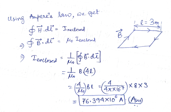 e = 3m Using Amperes law, we get $ ūdi= Ineclosed of Bide = Mo I enclosed cal > 7 Tenclosed Mo 1 [$5.di I B. (4) B Mo 14 Be