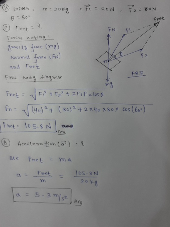 thet FN FL- 16 briven, m= 20kg & Fi = YON , F2=80N 0=600 Fnet = a. Forces acting : gravity force (mg) Normal force (FN) and f