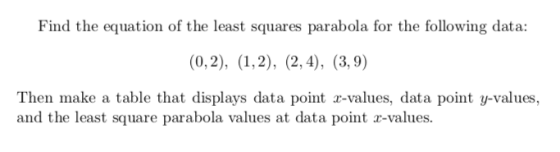 Find the equation of the least squares parabola for the following data: (0,2), (1,2), (2,4), (3,9) Then make a table that dis