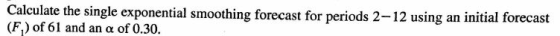 Calculate the single exponential smoothing forecast for periods 2-12 using an initial forecast (F) of 61 and an a of 0.30.