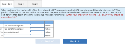 Reg 1 to 3 Reg 4 Reg 5 What portion of the tax benefit of tax-free interest will Tru recognize on its 2021 tax return and fin