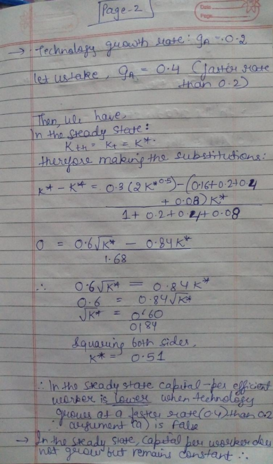 -2 s. Technology growth rate : 9A0-2 let ustake, 9A = 0.4 Jaster rate than 0.2) Then we have In the steady state: - Ktt K+ =
