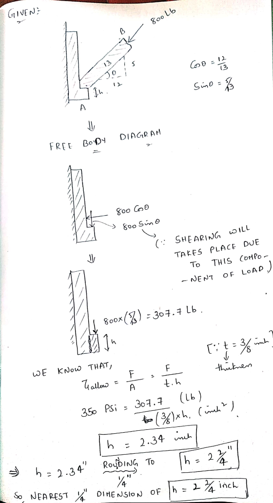 - GIVEN? 800Lb 600 = 1/2 Simo=8/ In. 12 K DIAGRAM FREE BODY - 800 GB 800 Sino V (: SHEARING WILL TAKES PLACE DUE TO THIS COMP