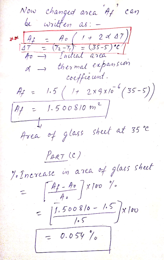 Now changed area At can be written as: - xo A HO (17 2247) IAT = 72-7 = (355) ºct ... to → Initial area thermal expanscori co