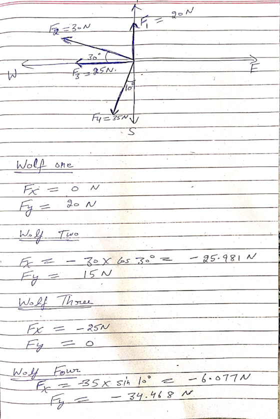 LON F2 =30N MW W t=25N. Ho Fu = 35nt S Wolf one Exi 20 N Wolf Two - 25.981N FE Fy Zox Gs 30 15 N Wolf Three Ex -250 Wolf Four