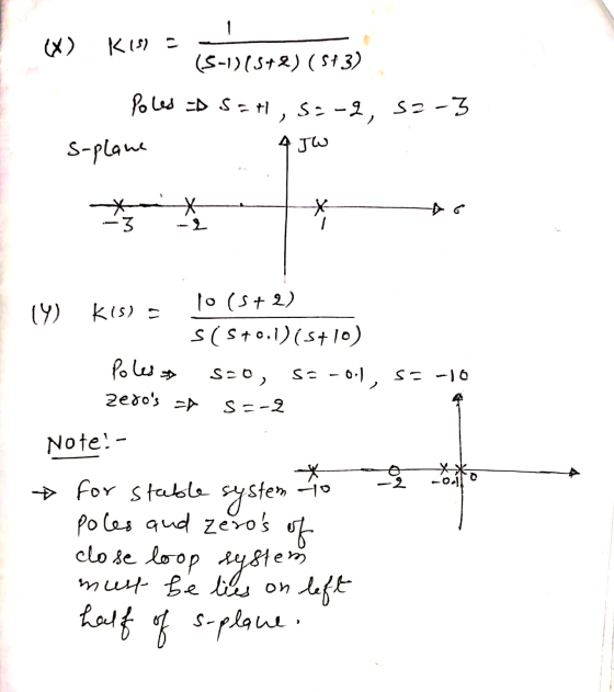 1 (X) KIS) = (5-1)(5+2) (543) Poles = 5=t, s=-2, 52-3 4 JW s-plane * -3 -2 14) kis) = lo (5+2) s(s+0.1) (5710) Polessa zeros