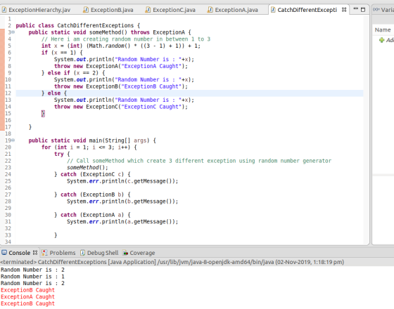 ExceptionHierarchy.jav ExceptionB.java D ExceptionC.java ExceptionA.java D CatchDifferentExcepti x = a (x)= Varia Name + Ad 2
