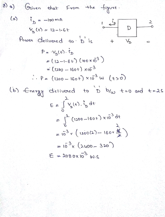 a) Given thtFrom the fuxe 2 (t)-12-1.6t Howe九 delive 巳d to. D is V. 3 (6)€nergy delivered to Db,ώ t-o and t 巳1 tveme 二10 (2400-320 3