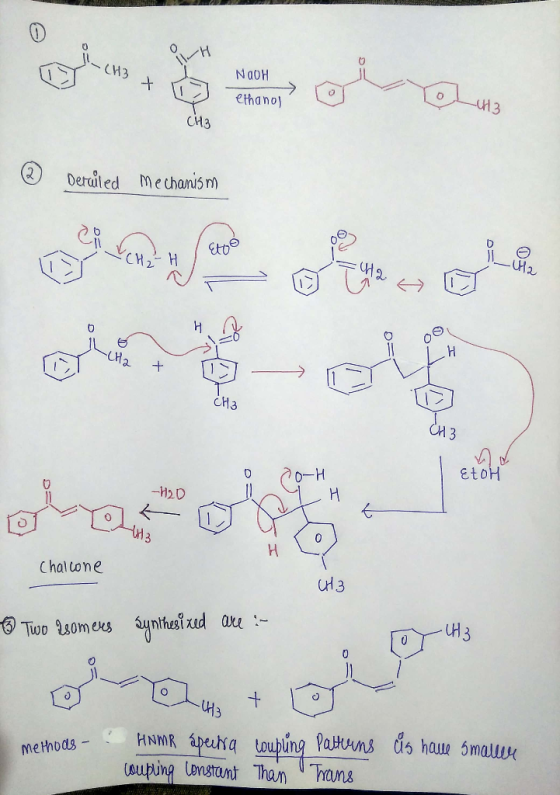 -CH3 + ΝαΟΗ ethanol СНа Deriiled mechanism engelola Etoo - CH₂ - H H2 + CH3 CH3 20-H ELOH -H2D plaats Chalcone 1.3 Two Isomer
