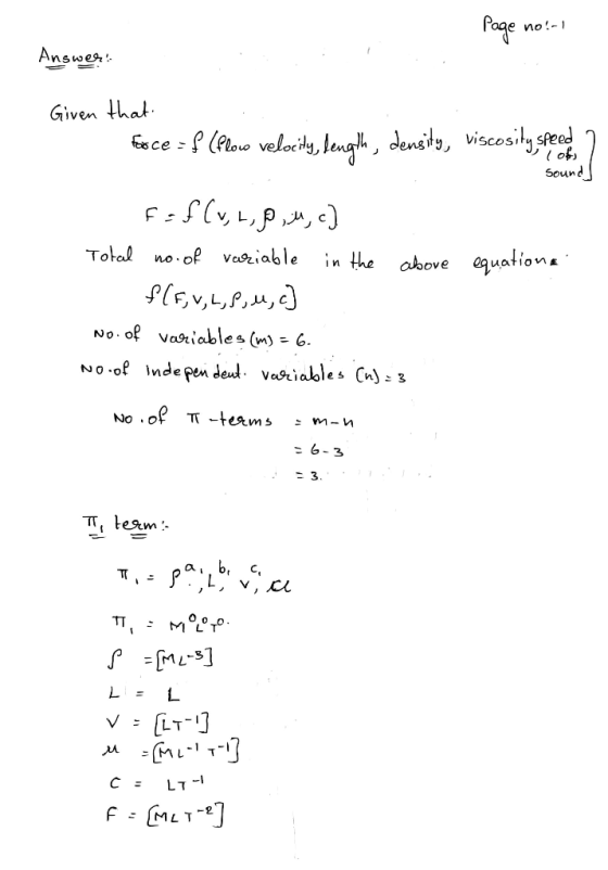 - Page no:- -1 Answer: Sounds Given that face = f (loe vekstil, kength, densito, viscosily selina Fof(v, 4,8 4, c) Total no.