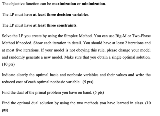 The objective function can be maximization or minimization. The LP must have at least three decision variables. The LP must h