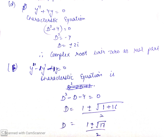 id) 3 +4440 Characteristic Equation (D2+4)=0 05-Y Do 1 2i real part Complex rwot with Wro as Characterstic Equation is B²-D-4