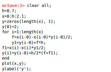 octave: 1> clear all; h-0.7; x 0:h:2.1; y-zeros(length(x), 1): y(0)-2: for i-1:length(x) f-x (i-0) -x(i-0)*y(i-0)/2; y(i) y(i