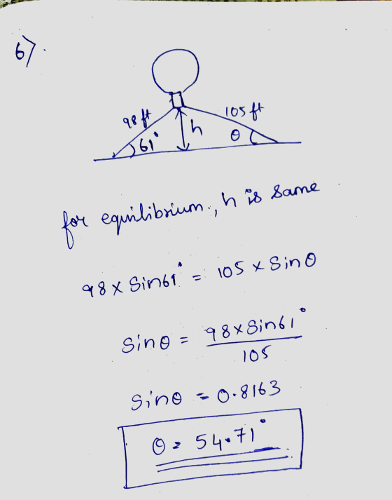 los ft 98 ft Joi for equilibrium., h is same 98 x Simona 105 x Sino sino = 98xSindi 105 sino 0.8163 02 54.71