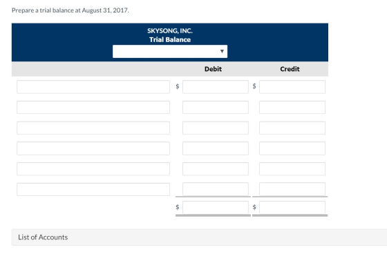 Prepare a trial balance at August 31, 2017. SKYSONG, INC. Trial Balance Debit Credit $ List of Accounts