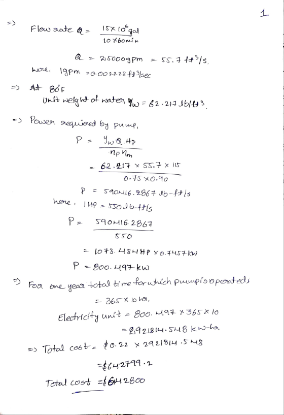 1 Flow rate a = 15x 10o gal 10x6omin Q = 25000gpm = 55.7 +3/s. here, igpm 20.002228 ff3/sec =) At sof Unit weight of water, h