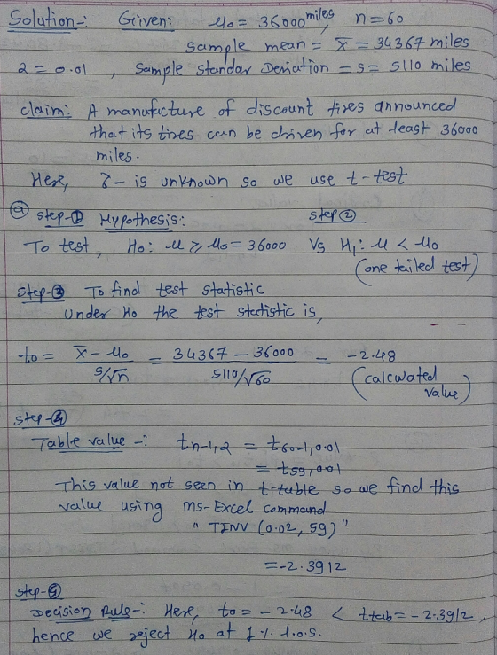 Solution Griven lo= 36000 miles n=60 a sample mean = x= 34 367 miles 220.0 Sample standar Deration - Se suo miles claim: A ma