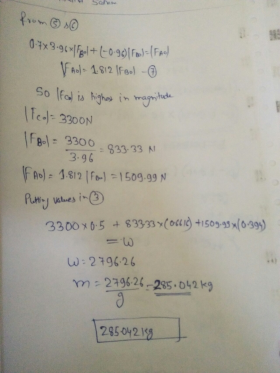 San from ® s© 0.7x3.967 Fol+ (-0.96)| Fool-(FA) Fol= 1.812 FBol - So lfcol is highest in magnitude Fol= 3300N IFBol = 3300 -