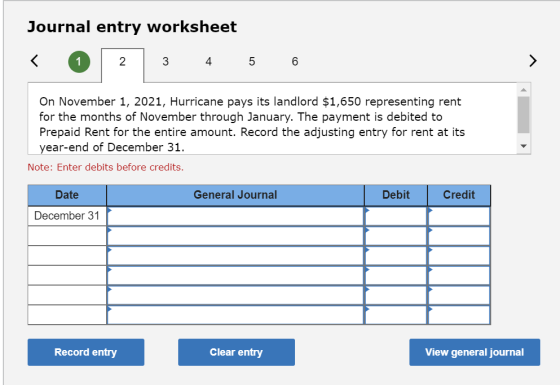 Journal entry worksheet 3 4 5 6 On November 1, 2021, Hurricane pays its landlord $1,650 representing rent for the months of N