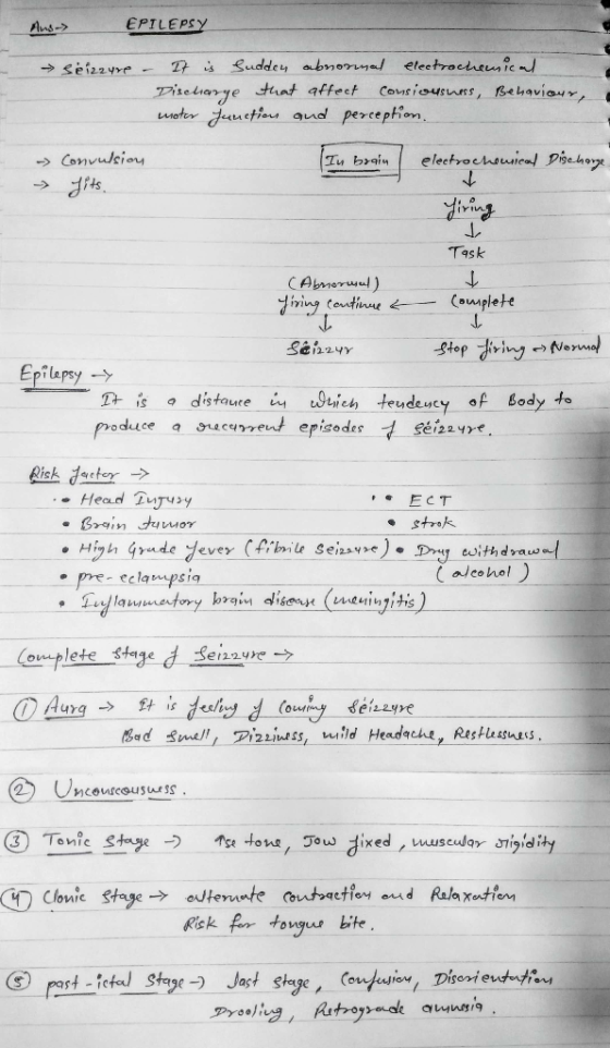 Ans-> EPILEPSY → Seizzyre - It is Sudden abnormal electrochemical Discharge that affect consiousness, Behaviour, motor Juncti