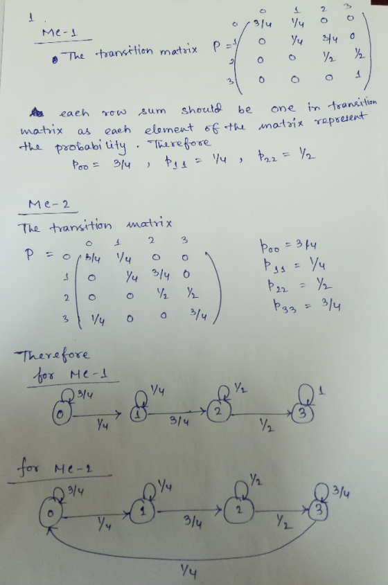 Merl 0 P = 3 314 0 0 74 0 0 Yu 3/4 o 0 12 % . The transition matrix h each row sum should be one in transition matrix as each
