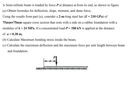 A Semi-infinite beam is loaded by force P at distance a from its end, as shown in figure. )Obtain formulas for deflection, slope, moment, and shear force, Using the results from part (a), consider a 2-m-long steel bar (E-210 GPa) of 75mmx75mm square cross section that rests with a side on a rubber foundation with a modulus of k-24 MPa. If a concentrated load distance of a 0.30 m, (b) Calculate Maximum bending stress inside the beam, (c) Calculate the maximum deflection and the maximum force per unit length between beam P-100 kN is applied at the and foundation.