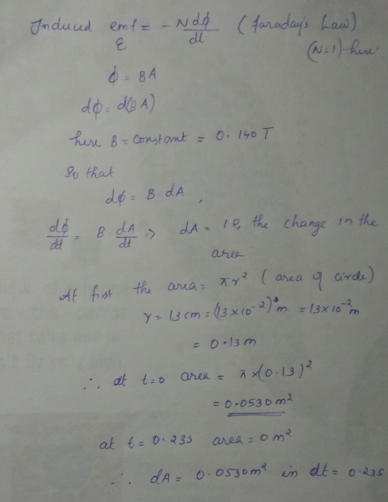 Induced enfa - Ndo dt Faradays haw) (N=1) here OBA do.dBA) here B - Constant = 0.140 T so that do= B. DA do B dA It dA= re t
