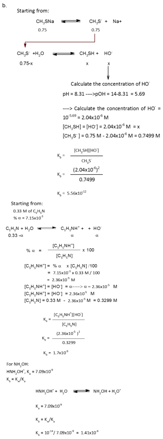 b. Starting from: CH S + Na+ CH, SNa 0.75 0.75 CH,S +H20 CH,SH + HO 0.75-x х х Calculate the concentration of HO pH = 8.31 --