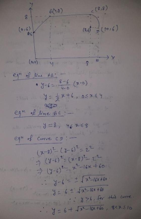 6(48) (8,8) 8 (6 (106) A6 10 4 egn of line AB: 8-6 ay-6= y = x+6, okay 4-o egn of line Be: - - y = 8, 48 x egn of curre co:-
