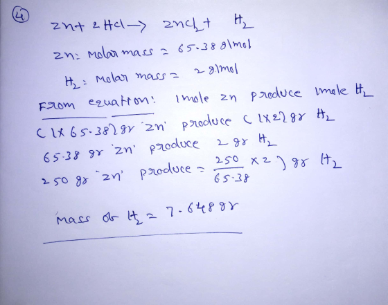 znt 2 Hal-> ancht H zn: molar mass a 65-38 glmol H₂= Molar massa 28.1mol From equation: Imole zn produce CLX 65-382 gr zn pro