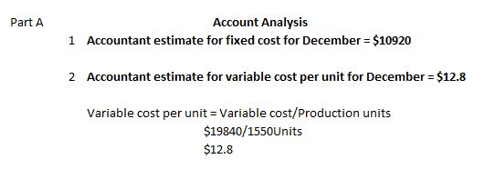 Part A Account Analysis 1 Accountant estimate for fixed cost for December = $10920 2 Accountant estimate for variable cost pe