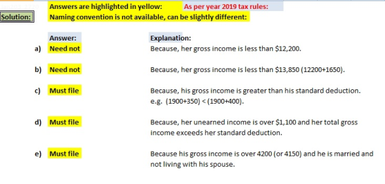 Solution: Answers are highlighted in yellow: As per year 2019 tax rules: Naming convention is not available, can be slightly